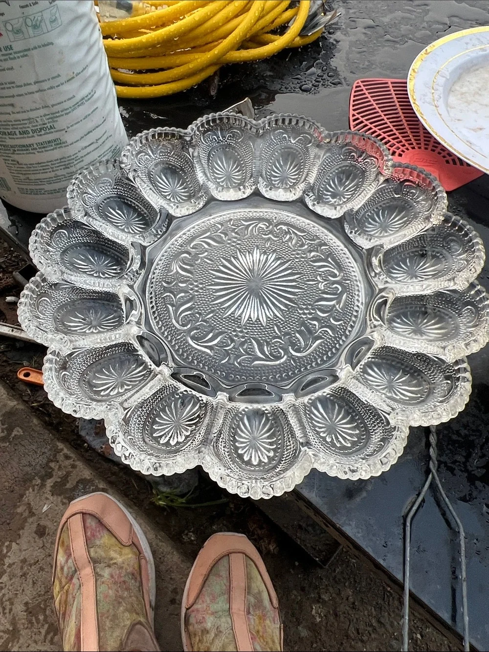 Vintage glass deviled egg dish
